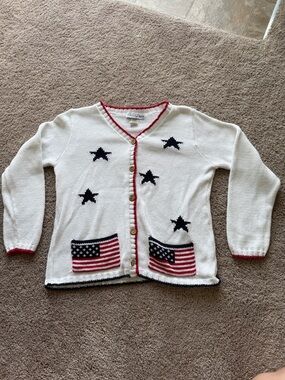 Vintage Women’s Cardigan Sweater Navy Stars & American Flag Pocket Detail USA